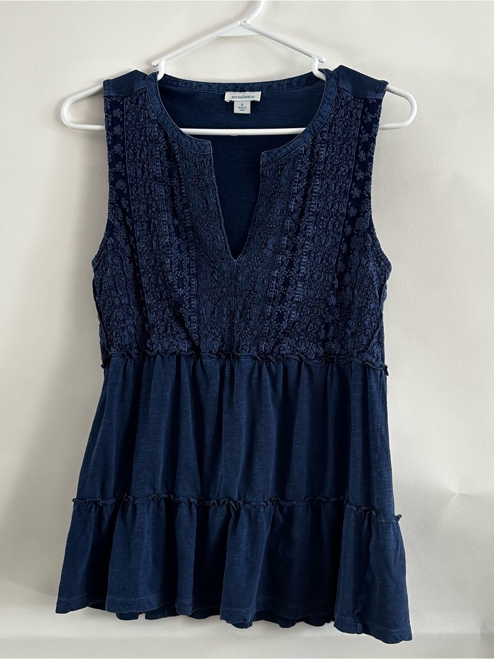 Sundance Navy Sleeveless Lace Yoke Tiered Peplum Top, 100% Cotton